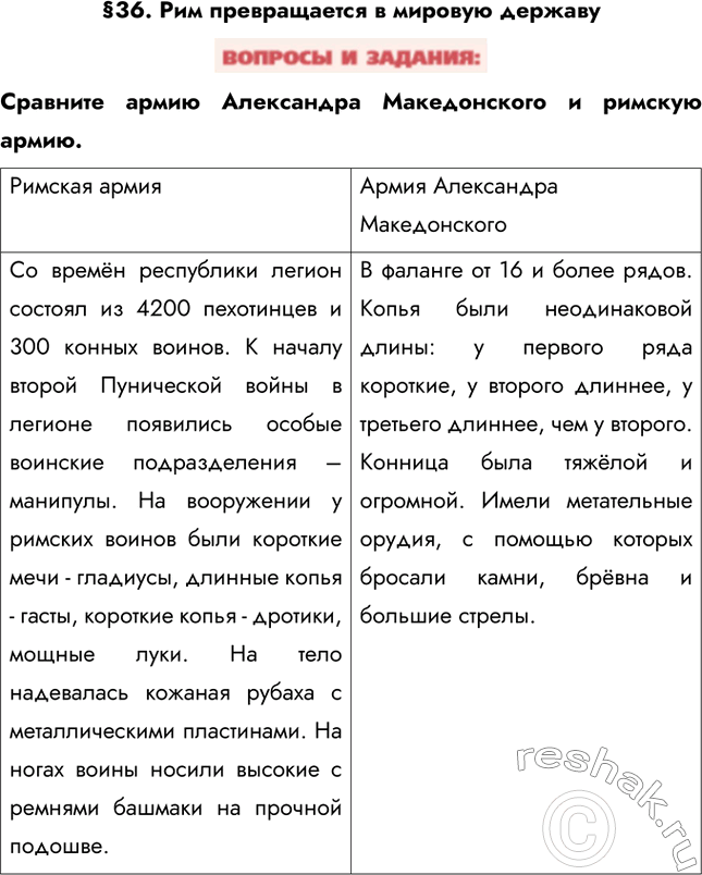 Изображение §36. Рим превращается в мировую державуСравните армию Александра Македонского и римскую армию.Римская армия	Армия Александра МакедонскогоСо времён республики...