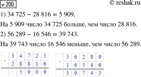 Изображение 200. На сколько:1) число 34 725 больше, чем число 28 816;2) число 16 546 меньше, чем число 56...