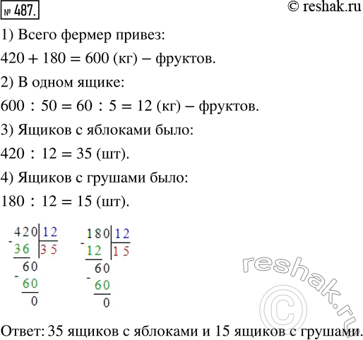 Изображение 487. Фермер привёз на рынок 420 кг яблок и 180 кг груш в 50 ящиках. Сколько ящиков было с яблоками и сколько — с грушами, если известно, что массы всех ящиков...