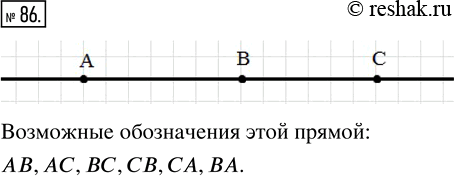 Изображение 86. Проведите произвольную прямую и отметьте на ней точки А, В и С. Запишите все возможные обозначения этой...