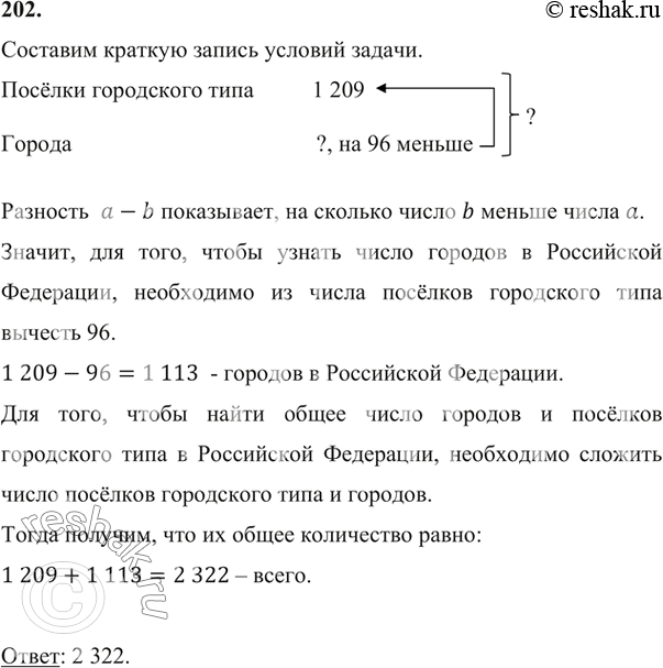 Изображение 202. В Российской Федерации 1 209 посёлков городского типа, а городов — на 96 меньше. Сколько всего городов и посёлков городского типа в Российской...