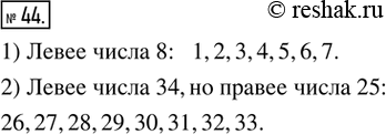 Изображение 44. Запишите все натуральные числа, расположенные на координатном луче:1) левее числа 8;   2) левее числа 34, но правее числа...