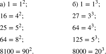Изображение 4.16. а) Найдите число, если его квадрат равен 1; 16; 25; 64; 8100. б) Найдите число, если его куб равен 1; 27; 64; 125;...
