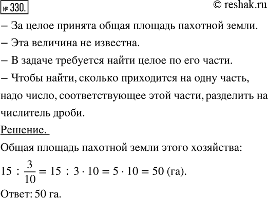 Изображение 330. 15 га, которые составляют 3/10 площади всей пахотной земли фермерского хозяйства, засеяны кукурузой. Найдите общую площадь пахотной земли этого...