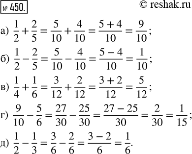 Изображение 450. Вычислите:а) 1/2 + 2/5;   б) 1/2 - 2/5;   в) 1/4 + 1/6;   г) 9/10 - 5/6;   д) 1/2 -...