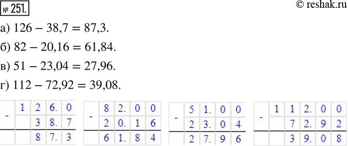 Изображение 251. Найдите разность:а) 126 - 38,7; б) 82 - 20,16; в) 51 - 23,04; г) 112 -...