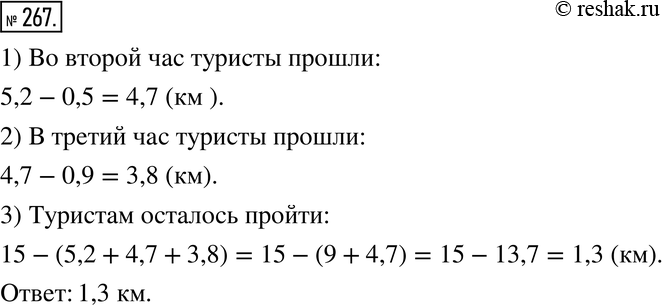 Изображение 267. Расстояние между сёлами 15 км. Туристы прошли в первый час 5,2 км, во второй час - на 0,5 км меньше, а в третий - на 0,9 км меньше, чем во второй. Сколько...
