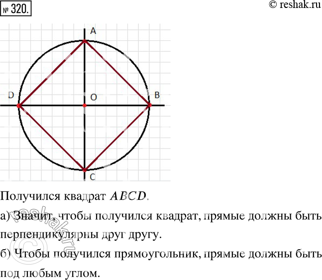 Изображение 320. Действуем по алгоритму. Выполните следующее построение:• проведите две пересекающиеся прямые;• начертите окружность с центром в точке пересечения прямых;•...