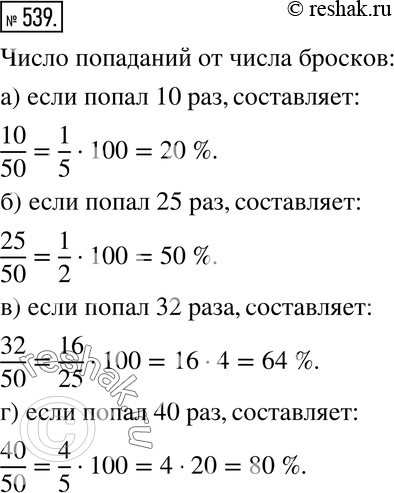 Изображение 539. Тимур бросил мяч в баскетбольное кольцо 50 раз. Определите, какую часть составляет число попаданий от числа бросков, и выразите эту часть в процентах, если он попал...