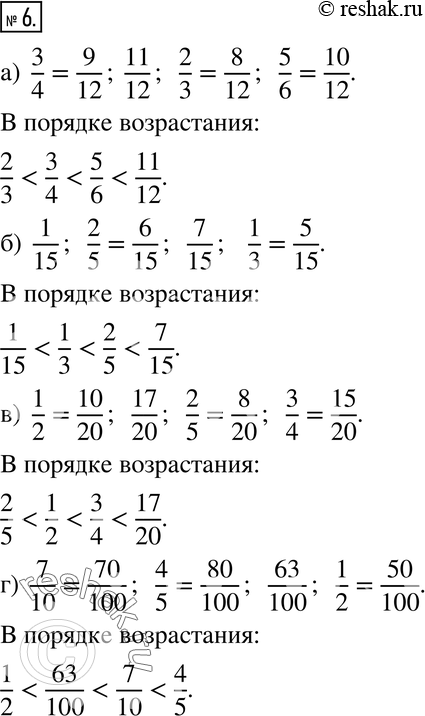 Изображение 6. Запишите дроби в порядке возрастания:а) 3/4, 11/12, 2/3, 5/6;б) 1/15, 2/5, 7/15, 1/3;в) 1/2, 17/20, 2/5, 3/4;г) 7/10, 4/5, 63/100,...