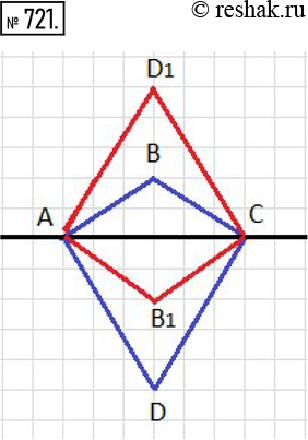 Изображение 721. Скопируйте рисунок 9.3 в тетрадь и проведите прямую АС. Постройте четырёхугольник, симметричный данному относительно прямой АС. Обведите «старый» четырёхугольник...