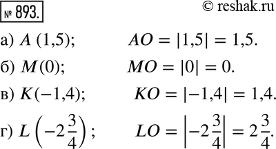 Изображение 893. Используя знак модуля, запишите, на каком расстоянии от начала координат-точки О находится точка:а) A(1,5); б) М(0); в) K(-1,4);г) L(-2 3/4).Образец....