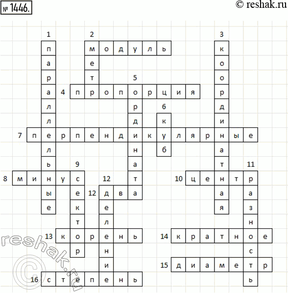 Изображение 1446. Разгадайте кроссворд:По горизонтали: 2. Расстояние от точки координатной прямой до начала отсчёта. 4. Равенство двух отношений. 7. Прямые, при пересечении...