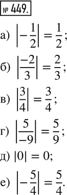 Изображение 449. Найдите модуль числа:а)  -1/2; б)  (-2)/3; в)  3/4; г)  5/(-9); д)  0; е)  -5/4....