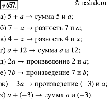 Изображение 657. Выражение a+2 - это сумма a и 2, выражение 3-x - это разность 3 и x. Прочитайте буквеннные выражения:а) 5+a;   б) 7-a;   в) 4-x;   г) a+12; д) 2a;    е) 7b;   ...