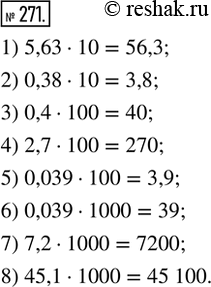 Изображение 271. Найти произведение: 1) 5,63 · 10;     2) 0,38 · 10;      3) 0,4 · 100;    4) 2,7 · 100;5) 0,039 · 100;   6) 0,039 · 1000;   7) 7,2 · 1000;   8) 45,1 ·...