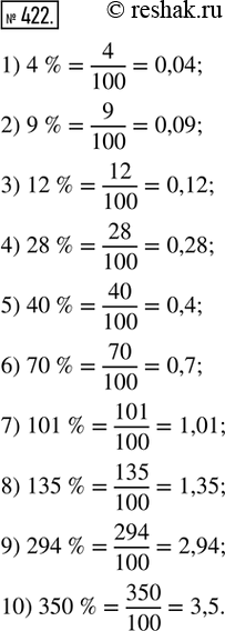 Изображение 422. Записать в виде обыкновенной и в виде десятичной дроби:1) 4 %;    2) 9 %;     3) 12 %;    4) 28 %;     5) 40 %;6) 70 %;   7) 101 %;   8) 135 %;   9) 294 %;  ...