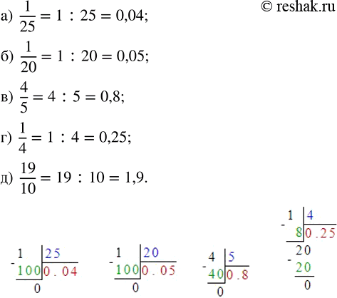 Изображение 1.8. Выполните деление по образцу справа:а) 1/25;  б) 1/20;  в) 4/5;  г) 1/4;  д)...