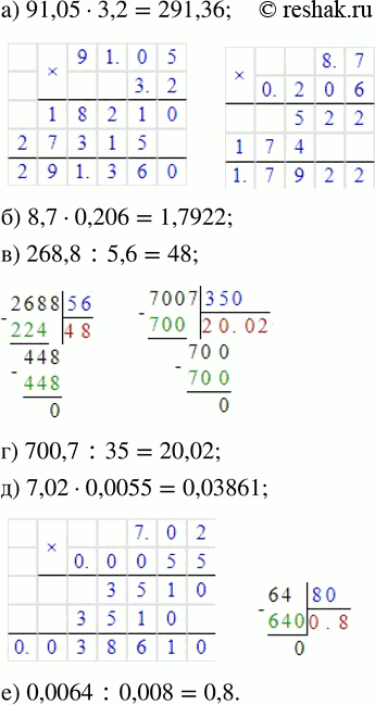 Изображение 15. Вычислите:а) 91,05•3,2; б) 8,7•0,206; в) 268,8:5,6; г) 700,7:35; д) 7,02•0,0055; е) 0,0064:0,008. ...