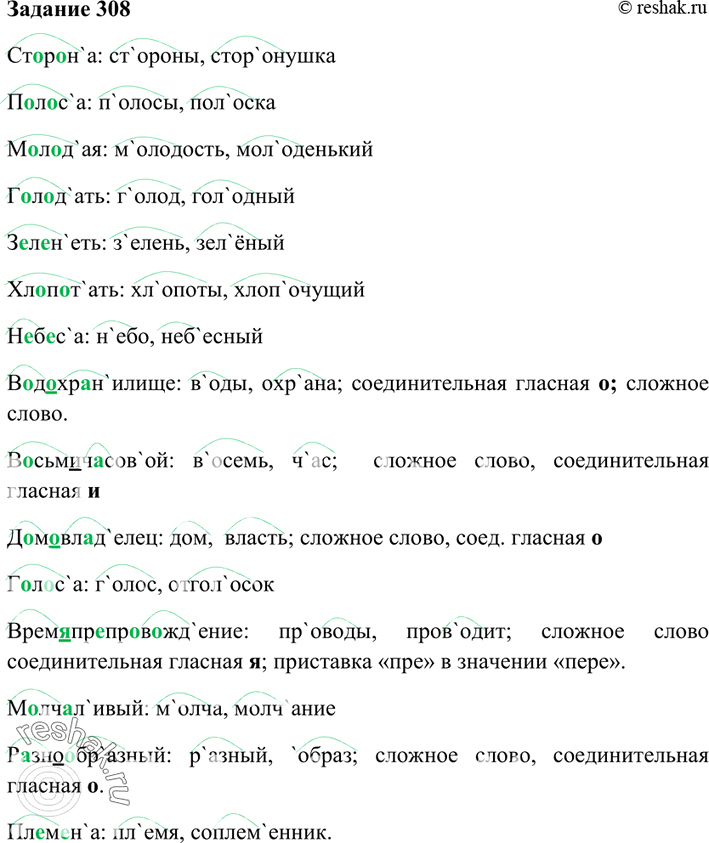 Изображение 308. Записывая слово, измените его или подберите родственное ему таким образом, чтобы ударение перешло сначала на один, потом на другой слог корня. Ударение во всех...