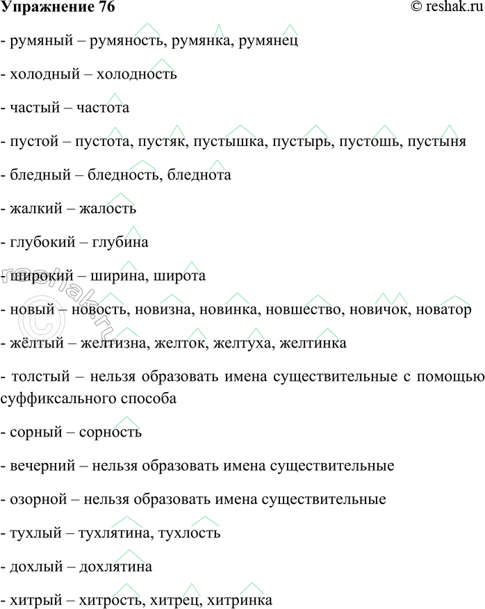 Изображение 76. Образуйте от данных имён прилагательных существительные с помощью всех возможных суффиксов.Румяный, холодный, частый, пустой, бледный, жалкий, глубокий, широкий,...