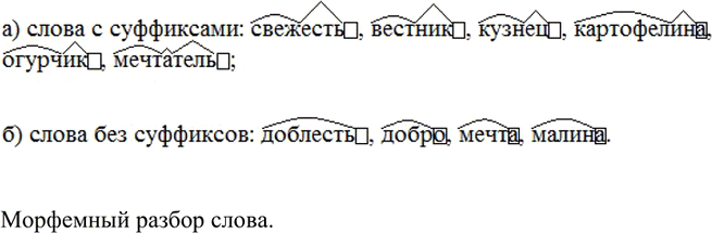 Изображение Сгруппируйте слова по признаку: а) с суффиксами; 6) без суффиксов. Обозначьте значимые части записанных слов. Какой это разбор слова - морфемный или...