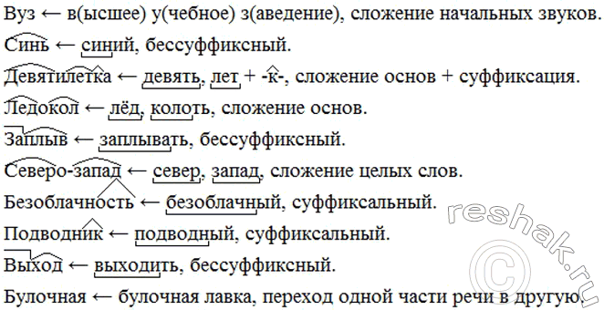 Изображение Вспомните основные способы словообразования (см. § 33, 41, 42). Какими способами образованы данные существительные? Объясните письменно.Вуз, синь, девятилетка,...