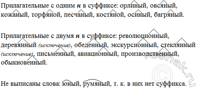 Изображение Выпишите сначала прилагательные, у которых в суффиксе одно н, затем прилагательные с двумя н в суффиксе. Обозначьте условия выбора вставленных букв. Какие слова вы не...