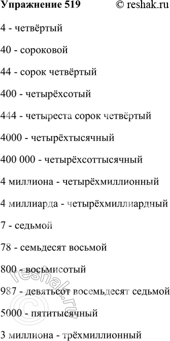 Изображение 519. Используя опорный материал, образуйте от количественных числительных порядковые. Запишите первые девять образованных числительных.4, 40, 44, 400, 444, 4000, 400...