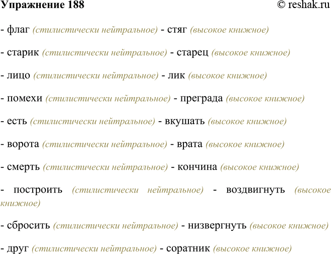 Изображение 188 Определите, какие из слов в синоними ческих парах являются высокими.Флаг — стяг, старик — старец, лицо — лик, помеха — преграда, есть — вкушать, ворота — врата,...
