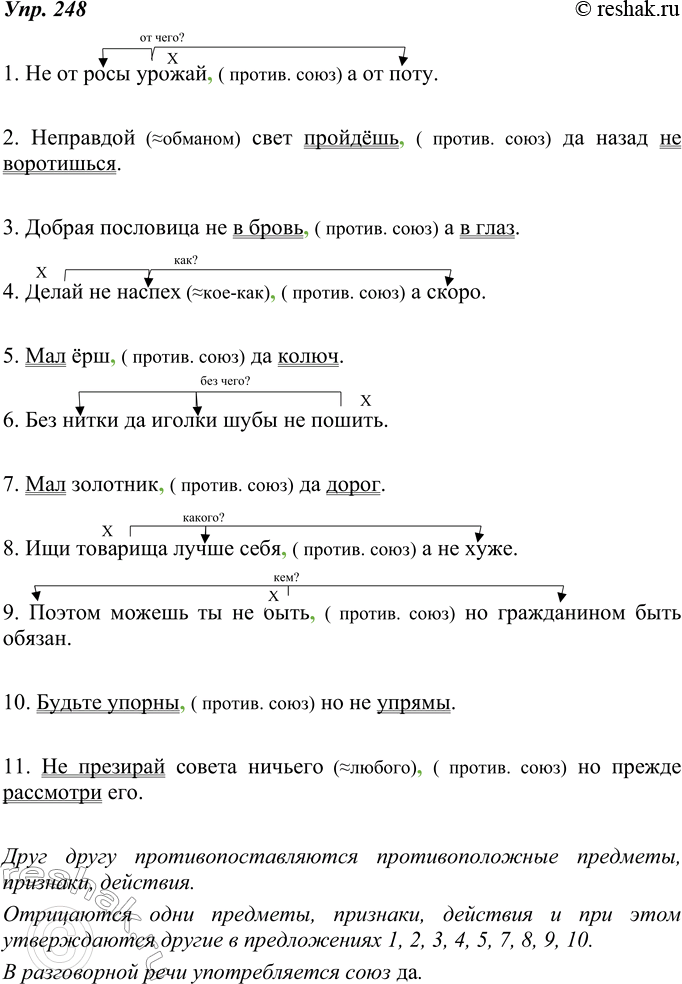 Изображение 248. Спишите, оформляя запись по образцу. Расставьте пропущенные запятые. Какие предметы, признаки, действия противопоставляются друг другу? В каких предложениях...