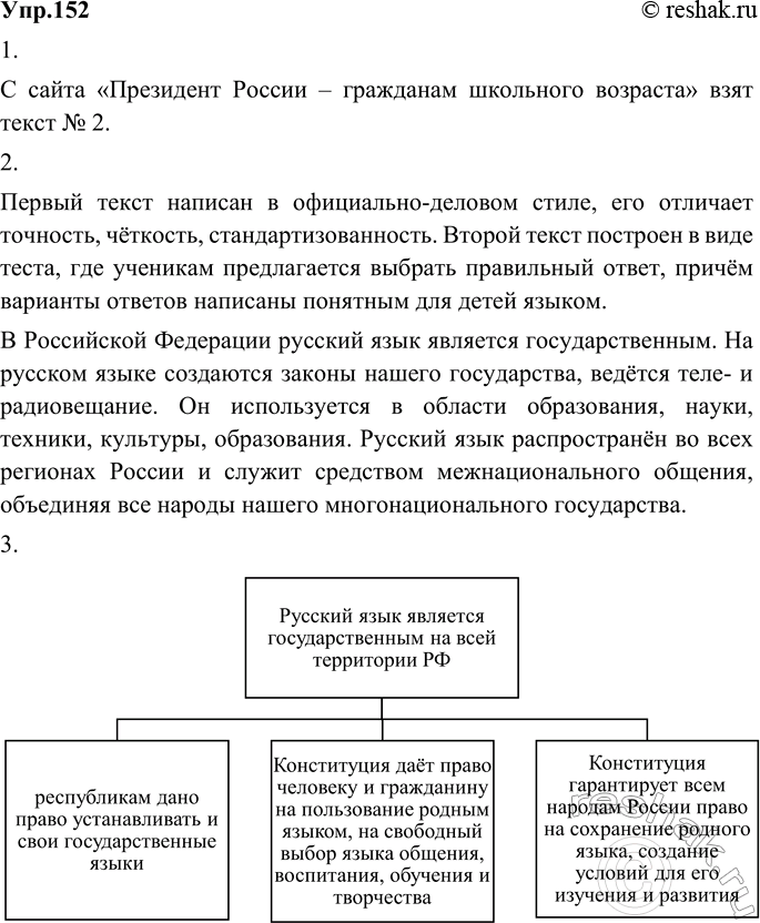 Изображение 152. 1) Прочитайте тексты, в которых говорится о государственном языке нашей страны. Предположите, какой из текстов взят с сайта «Президент России — гражданам школьного...