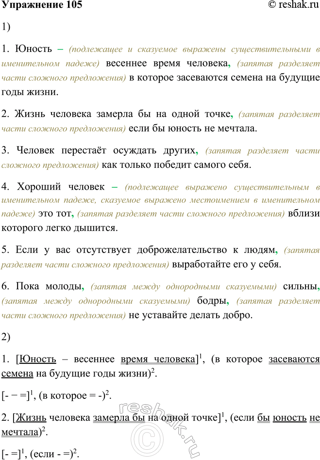 Изображение 105. 1. Запишите предложения. Объясните в них пунктуацию. 2. Составьте схемы сложноподчинённых предложений.1. Юность — весеннее время человека, в которое засеваются...