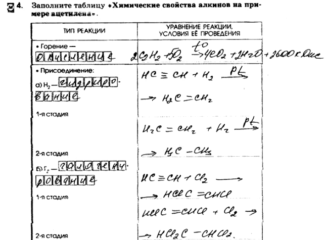 Изображение 4 Заполните таблицу «Химические свойства алкинов на примере ацетилена».ТИП РЕАКЦИИ	Горение —	Присоединение:  а) н2—1-я стадия  2-я	стадия  б) г2—1-я...